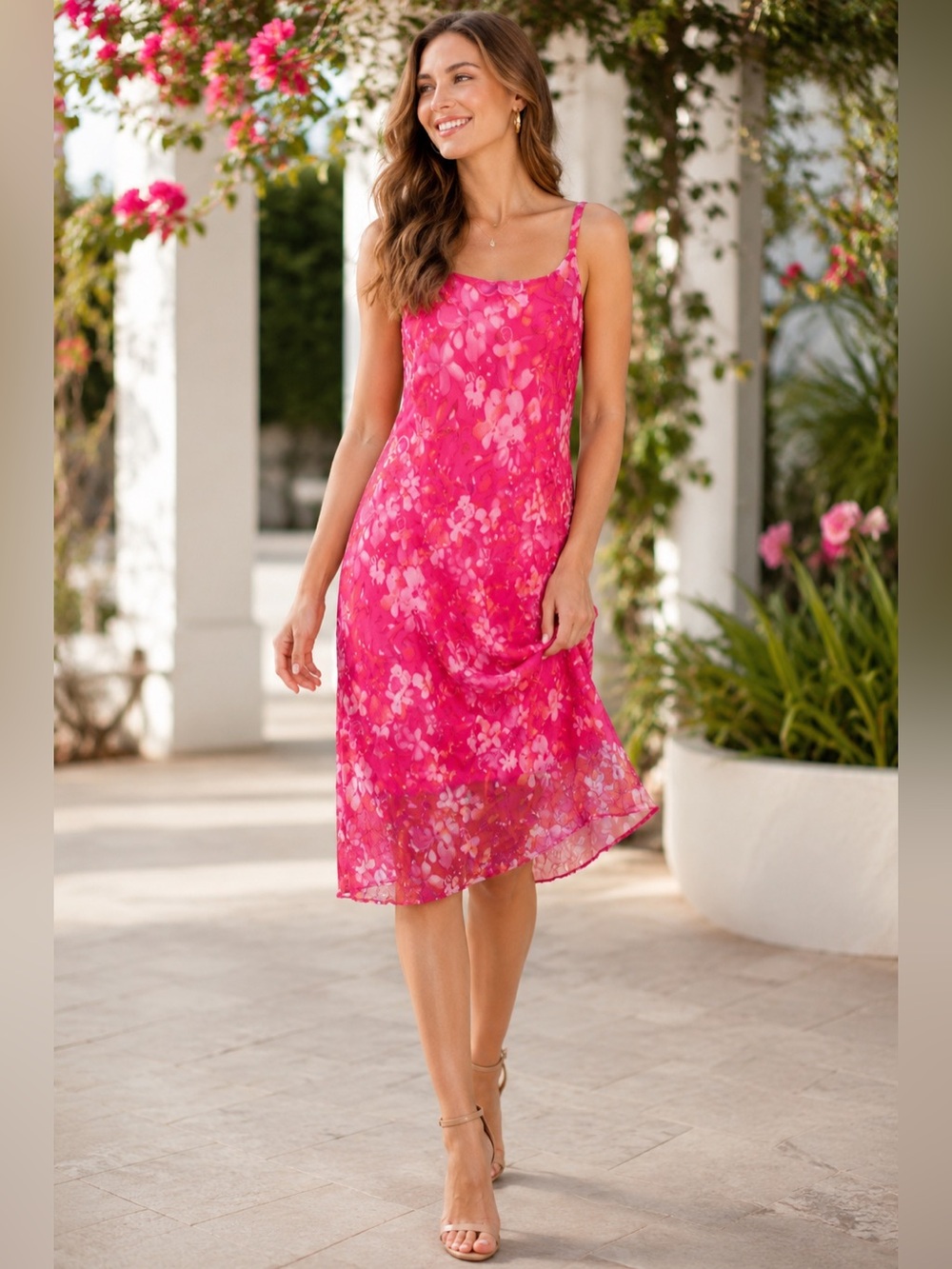 Megan Matthews Floral Chiffon Drop Waist Dress Pink Bloomcore Sheer Overlay Sz10